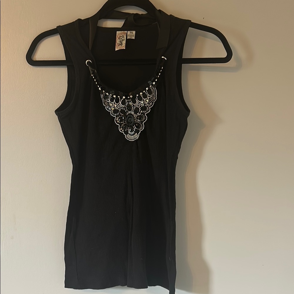 Black Sleeveless Top with Embellished Neckline